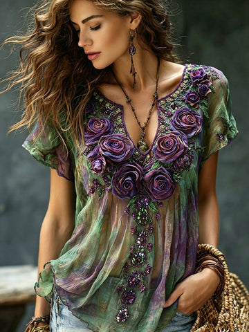 Women's Vintage Romantic Floral Art Linen Blend Tops