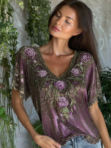 Women's Retro Exquisite Sparkling Floral Embroidery Cotton Linen V-neck Short-sleeve T-shirt