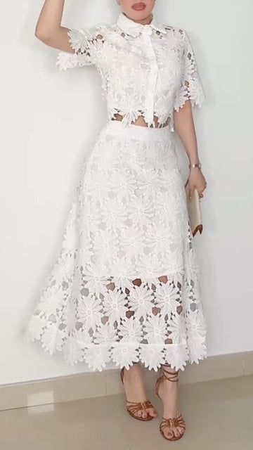 Women's Lapel Cutout Floral Elegant Two-Piece Set