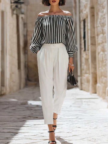 Chic Off-the-Shoulder Striped Blouse & High-Waisted Tailored Trousers Set