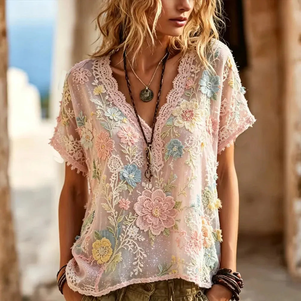 Women's Colorful Small Floral Lace Embroidery Art Comfortable Cotton Linen Casual V-neck Short Sleeve Top