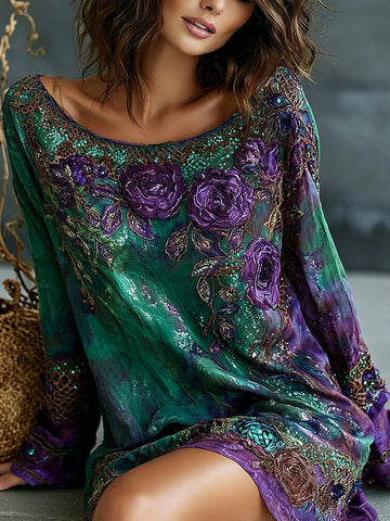 Women's Vintage Romantic Floral Art Linen Blend Dress