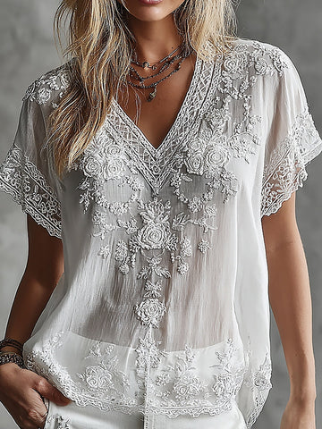 Women's Vintage Rose Lace Floral Art Short Sleeve Casual T-shirt