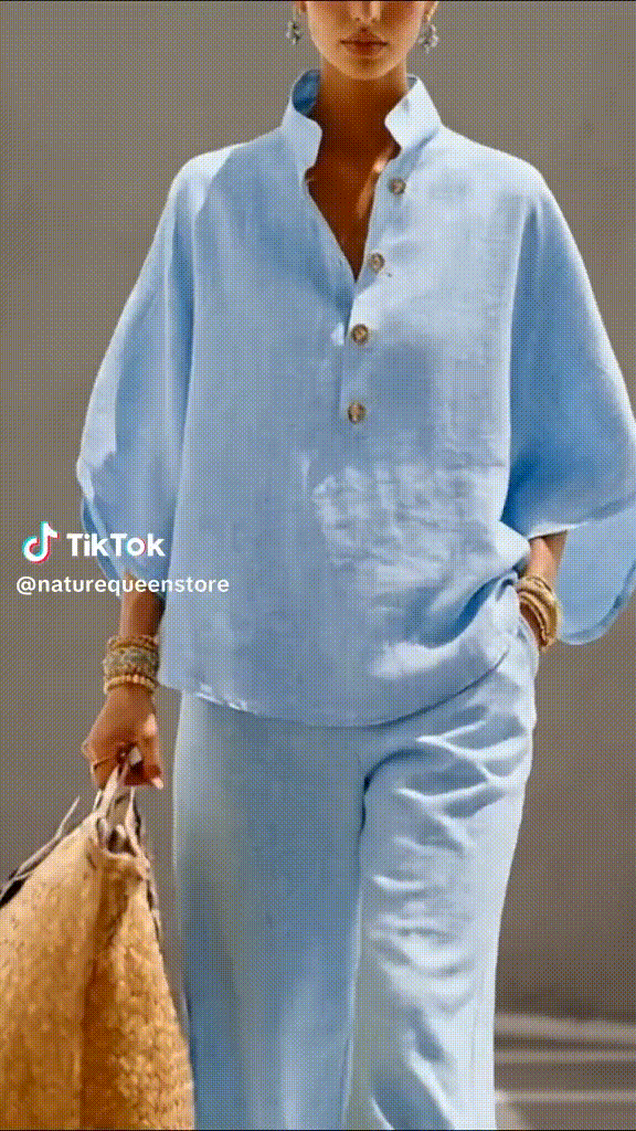 Women’s Batwing Sleeve Linen Cotton Two-Piece Set – Casual Shirt & Wide Leg Pants Outfit 2924