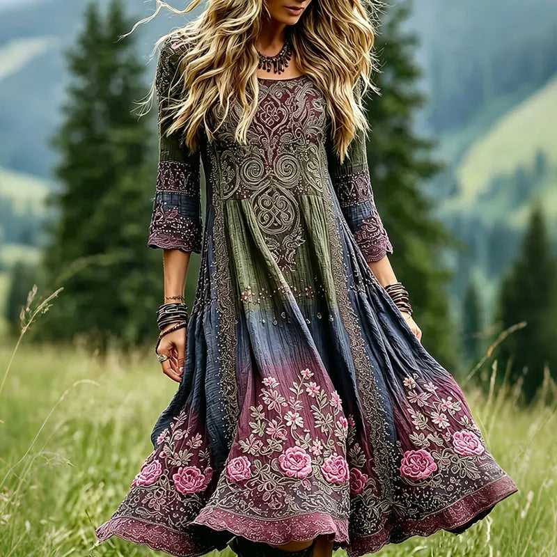 Women's Vintage Romantic Celtic Knot With Floral Art Linen Blend Three-quarter Sleeve Maxi Dress