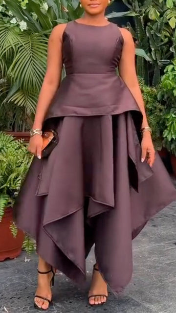 Round Neck Sleeveless Peplum Asymmetrical Maxi Dress