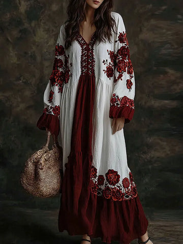Women's Floral Art Print Flowy Linen Blend Casual Long Sleeve Maxi Dress