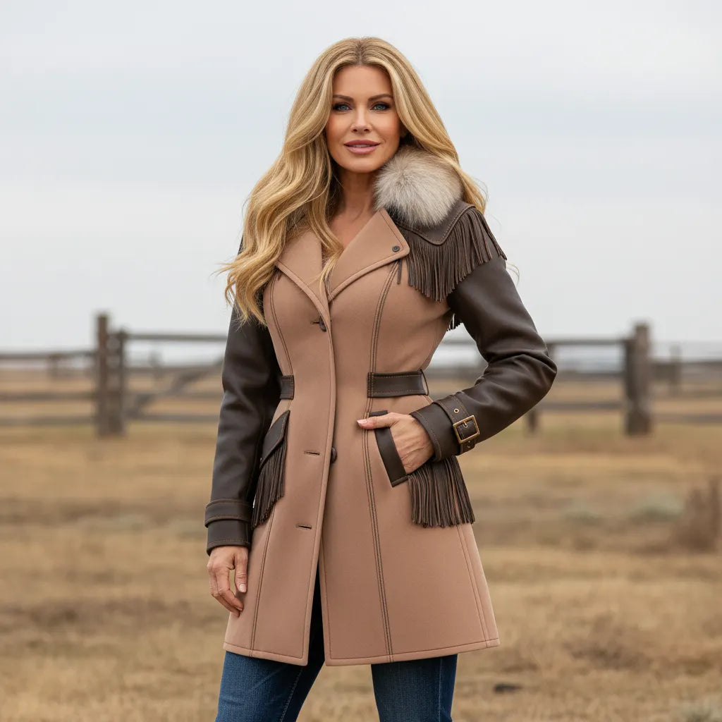 Vintage Leather Coat With Fur Collar And Fringe Details