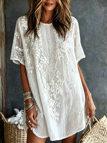 Women's Floral Art Embroidered Linen Blend Round Neck Mini Dress