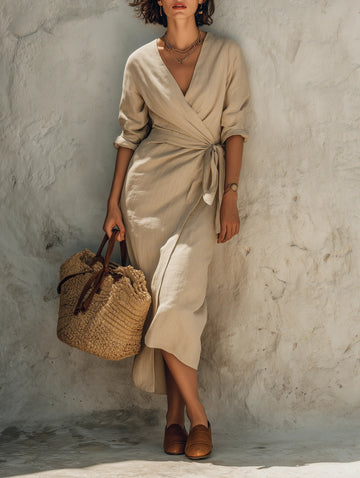 Women's Minimalist Linen-Blend V-Neck Mid-Sleeve Tie-Waist Wrap Midi Dress MDZ1605F3WY