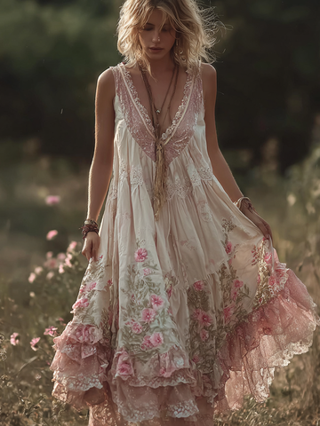 Bohemian Retro Pink Rose Lace Flowing Linen Maxi Dress