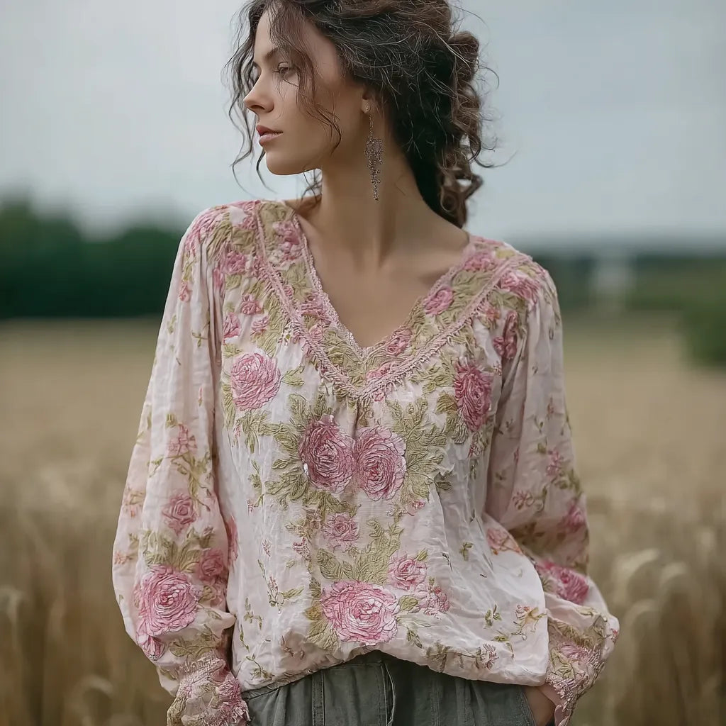 Bohemian Retro Countryside Style Plant Flower Design Cotton And Linen Women's Long-sleeve Shirt