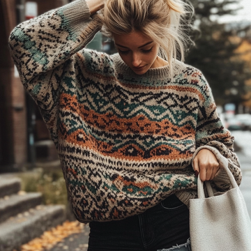 Women's Vintage Geometric Pattern Ethnic Style Print Round Neck Oversized Sweater