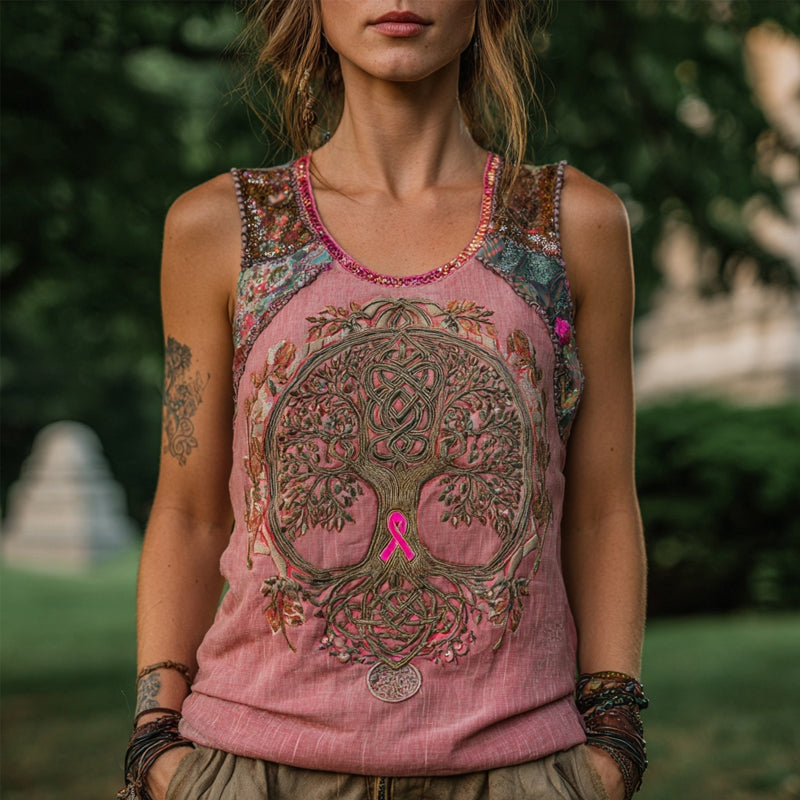 Celtic Tree Of Life & Pink Ribbon Embroidered Linen Tank