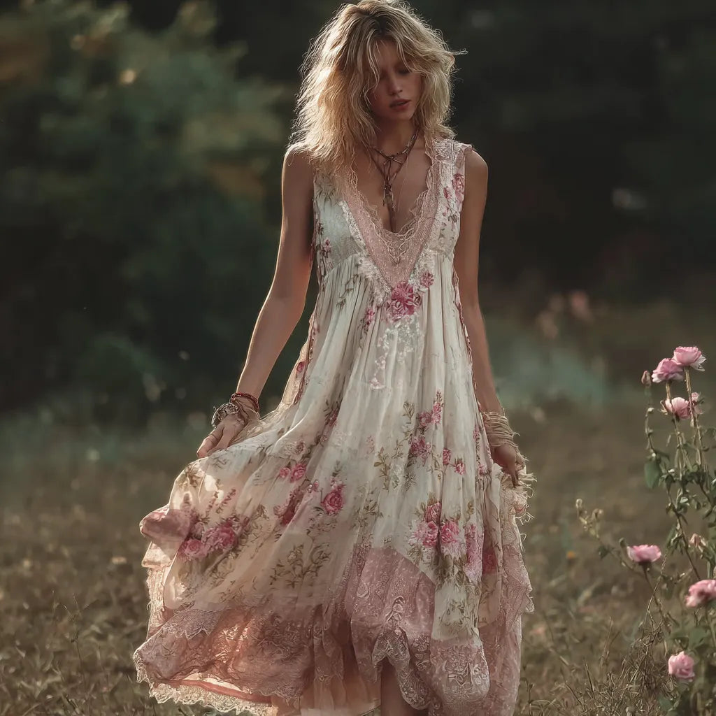 Bohemian Retro Pink Rose Lace Flowing Linen Maxi Dress