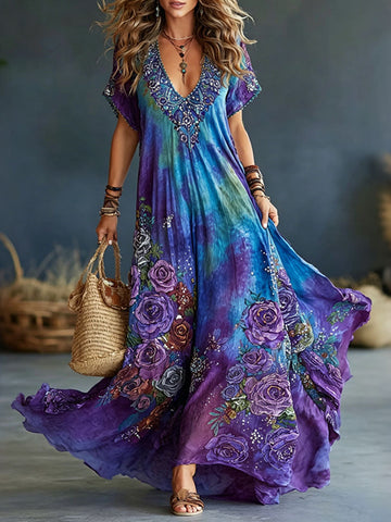 Women's Romantic Floral Art Linen Blend Mini' Dress