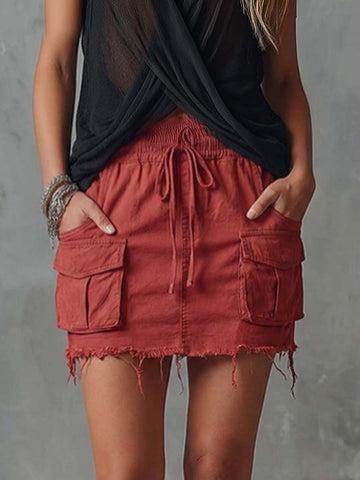 Retro Casual Workwear Style Red Cotton Short Skirt