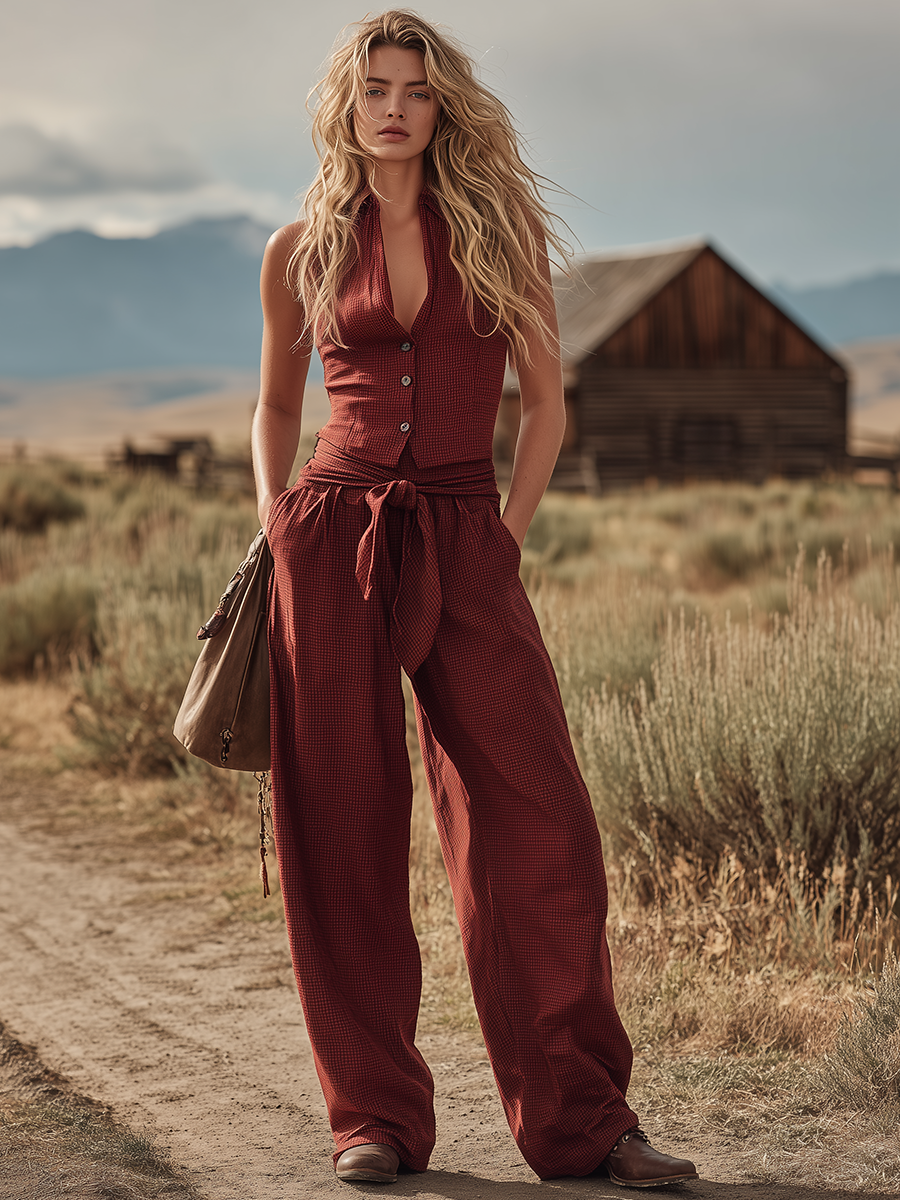 Retro-casual Western-style Red Plaid Set