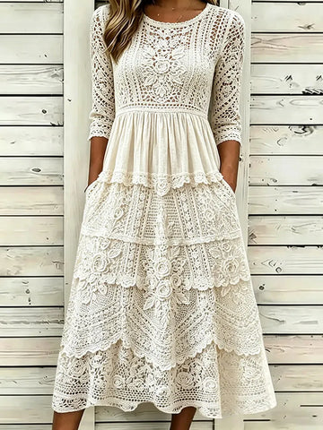 Elegant Floral Lace Embroidery Art Cozy Linen Maxi Dress