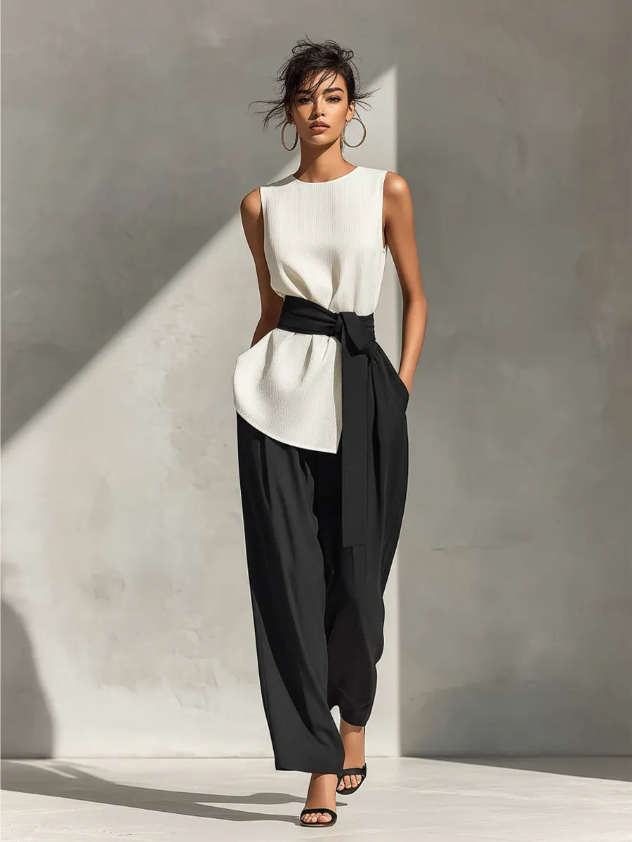 Women's White Sleeveless Top & Black Wide-Leg Pants Two-Piece Set With Contrast Belt MDZ1126B4T