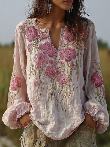 Bohemian Retro Countryside Style Plant Flower Design Cotton And Linen Women's Long-sleeve Shirt