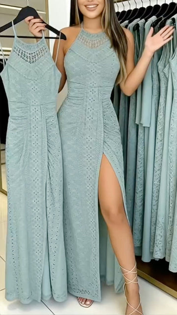 Mint Green Cutout Lace Halter Maxi Dress