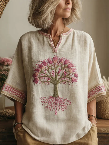 Women's Tree Of Life Pink Ribbon Small V Neck T-shirt