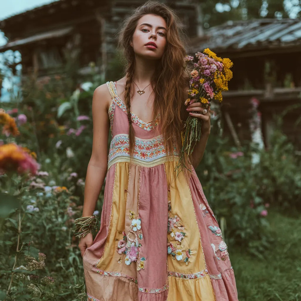 Women's Retro Ethnic Floral Art Stitching V-neck Dress