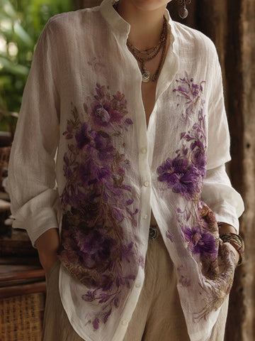 Women's Bohemian Floral Embroidered Linen Shirt