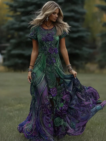 Women's Vintage Floral Gradient Art Crew Neck Maxi Dress