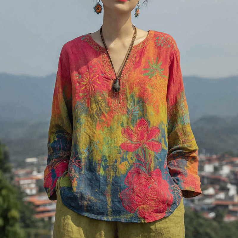 Women's Floral Pattern Tie-dye Art V-neck T-shirt
