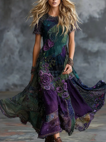 Women's Vintage Floral Art Flowy Casual Maxi Dress