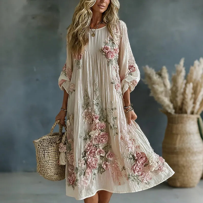 Women's Floral Art Flowy Linen Blend Casual Long Sleeve Maxi Dress