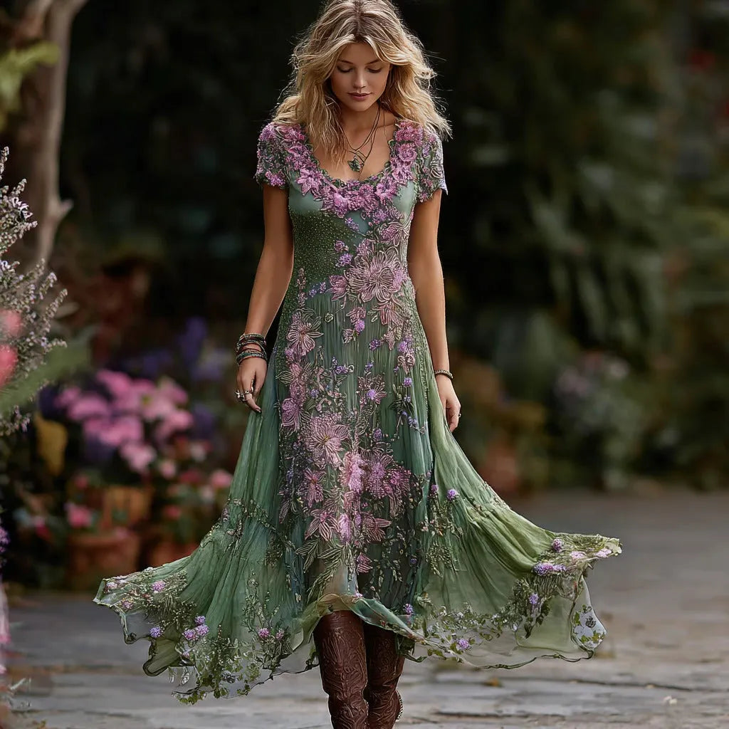 Women's Retro Purple Floral Gradient Pattern Casual Round Neck Dress