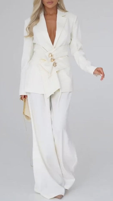 Women's Deep V-neck Fitted Wide-leg Suit