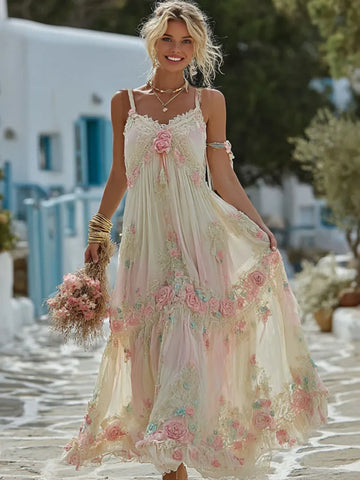 Women's Vintage Rose Art Embroidery V Neck Sleeveless Dress