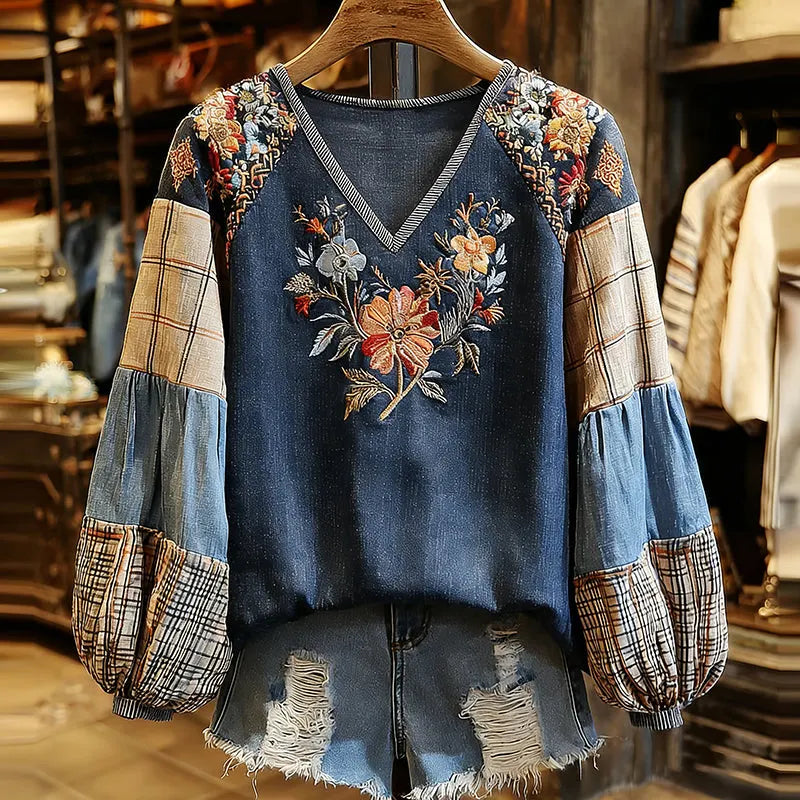 Retro Boho Floral With Plaid Denim Patchwork Pattern Women's Top