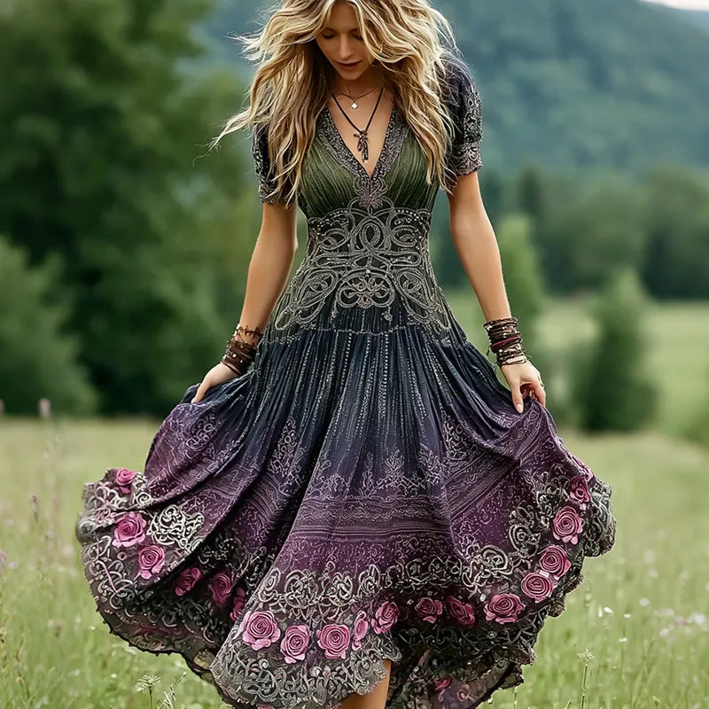 Women's Vintage Romantic Celtic Knot With Floral Art Linen Blend  V Neck Maxi Dress