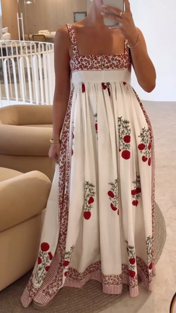 Women's Vacation-Style Floral Print Square-Neck Spaghetti Strap Maxi Dress