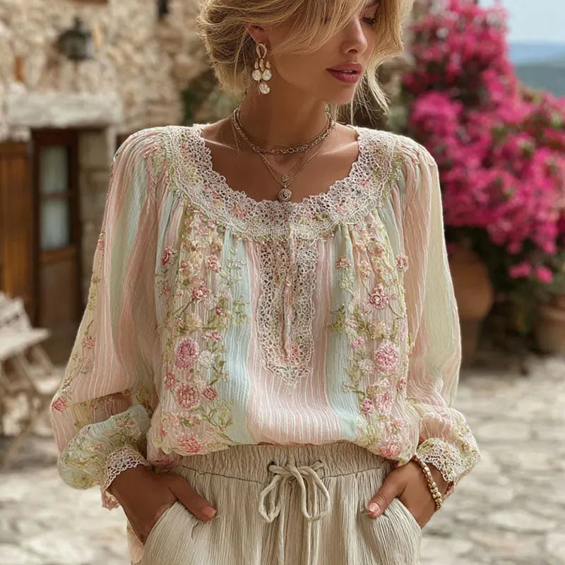 Women's Vintage Floral Embroidered Art Color Block Casual T-shirt