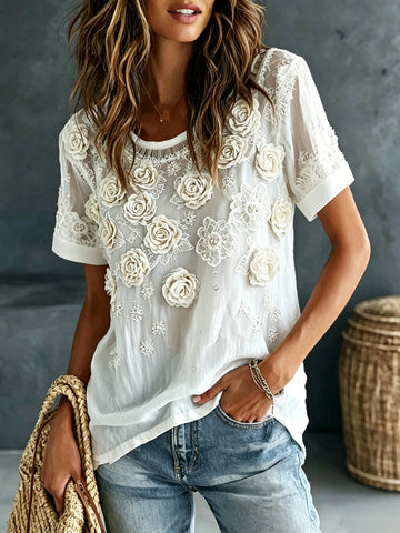 Women's Romantic White Rose Art Linen Blend Short Sleeve Tops