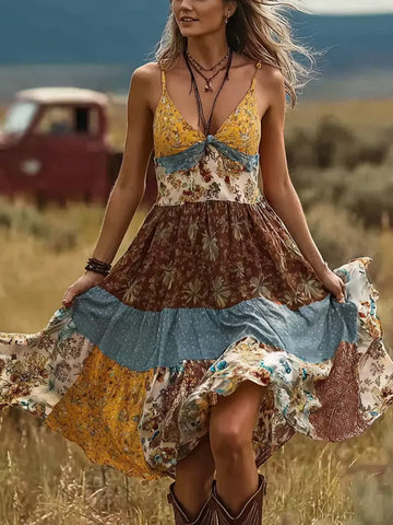 Retro Plant Flower Pattern Color Block Design Dress