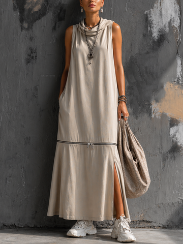Women's Casual Light Beige Cotton Blend Sleeveless Long Dress With Detachable Zipper MDZ2385D5GMJ