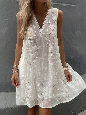 Women's Vintage Floral Art V-neck Sleeveless Flowy Midi Dress