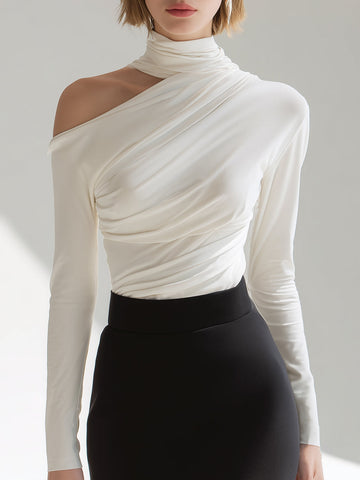 Asymmetric Draped High-Neck Long Sleeve Top