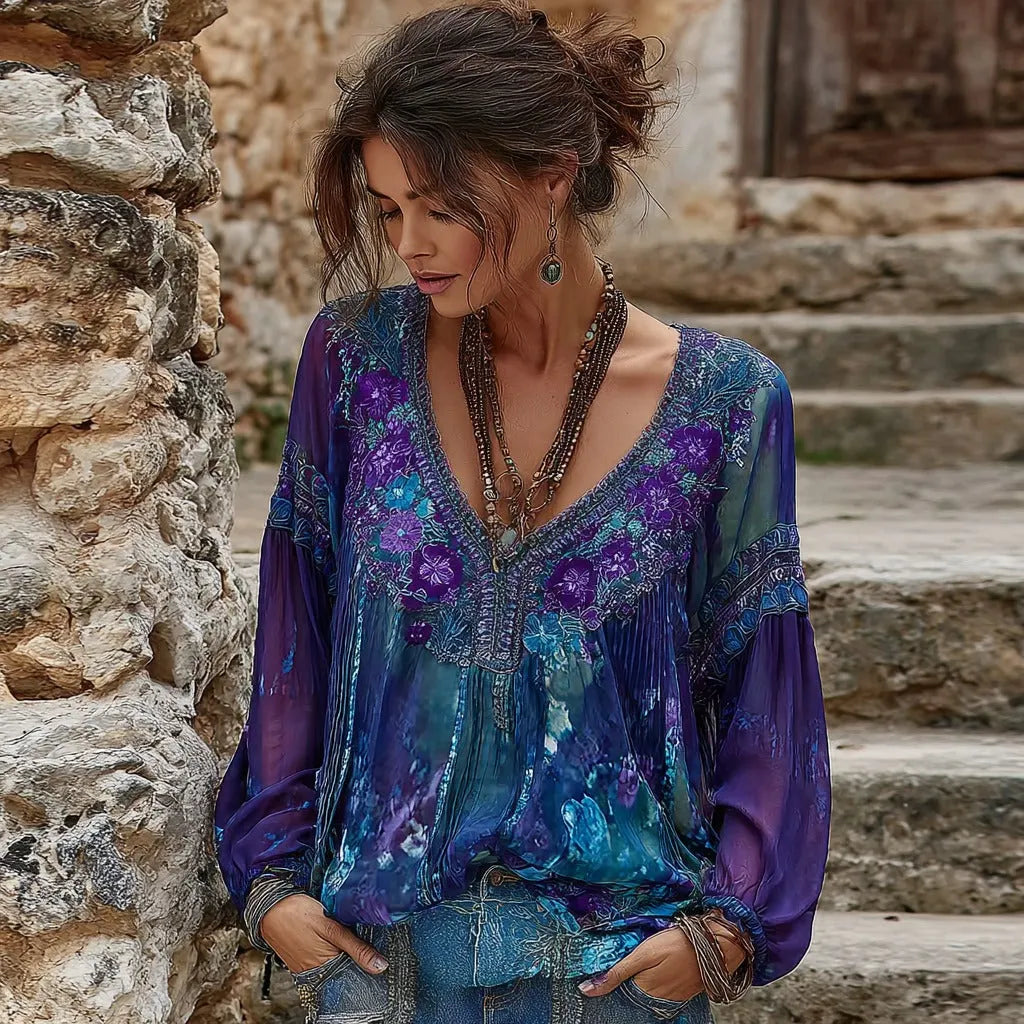 Women's Purple Floral Embroidery Gradient Casual T-shirt