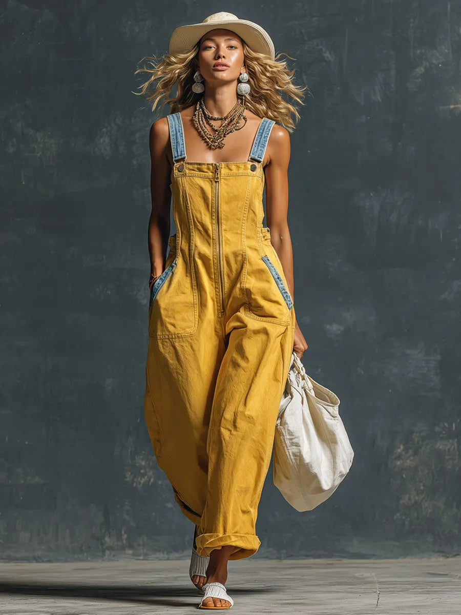 Western Retro Blue And Yellow Denim Vest-style Zip-up Jumpsuit