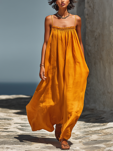 Women’s Tangerine Linen-Blend Spaghetti Strap Smocked Neck Flowy Maxi Sundress MDZ2214D9T