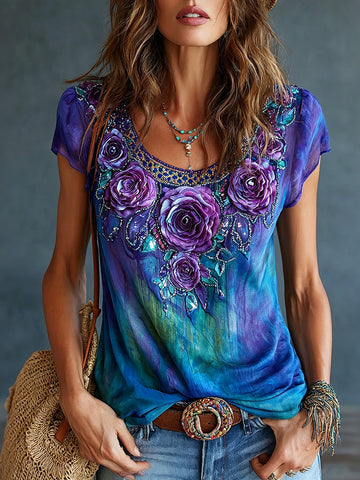 Women's Romantic Floral Art Linen Blend Short Sleeve Tops