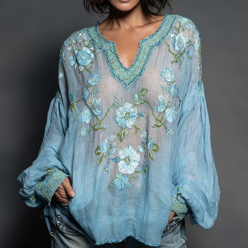Women's Retro Floral Embroidered Art Print Flowy Linen Blend Casual Tunic